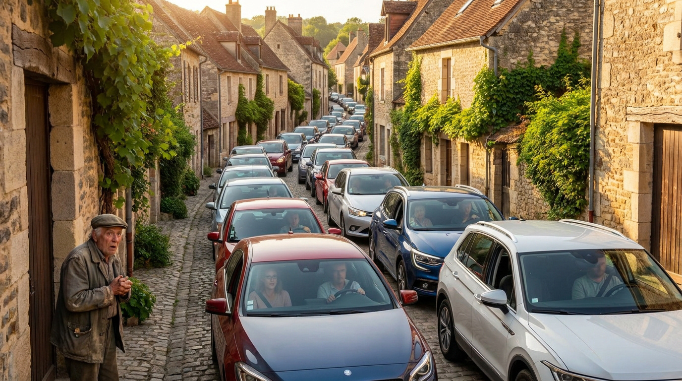 Un vieil homme regarde avec surprise une file ininterrompue de voitures bloquant une étroite rue de village en pierre.