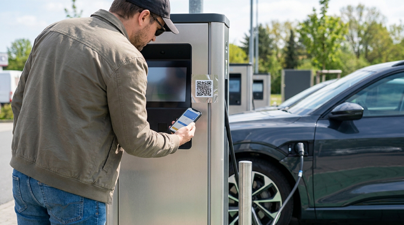 Un homme scanne un QR code suspect sur une borne de recharge de voiture électrique avec son smartphone.