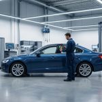 Un mécanicien en combinaison bleue utilise une tablette numérique pour effectuer le diagnostic d'une voiture bleue moderne.