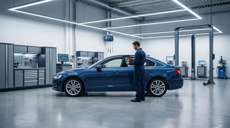 Un mécanicien en combinaison bleue utilise une tablette numérique pour effectuer le diagnostic d'une voiture bleue moderne.