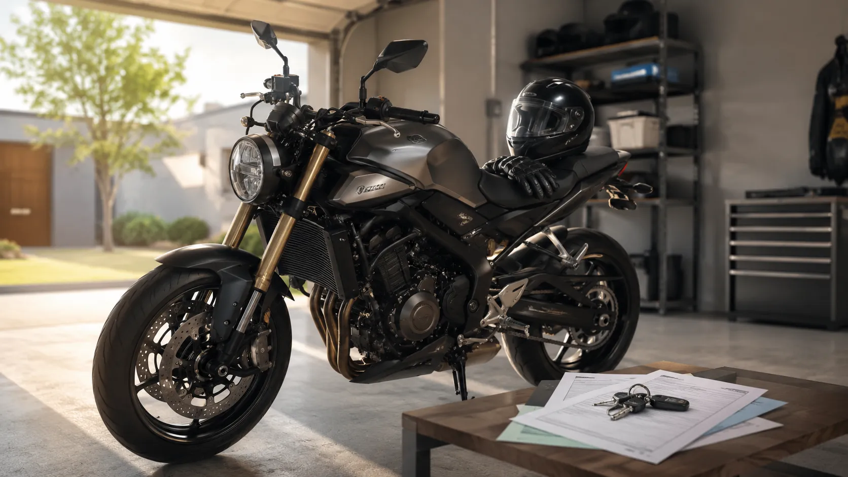 Moto roadster garée dans un garage avec casque, gants et papiers du véhicule avant de souscrire une assurance moto