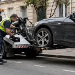 Camion de remorquage soulevant une voiture lors d'une mise en fourrière en France