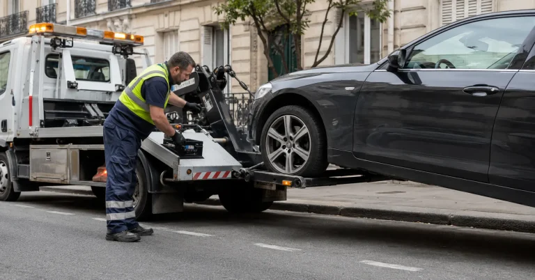 Camion de remorquage soulevant une voiture lors d'une mise en fourrière en France