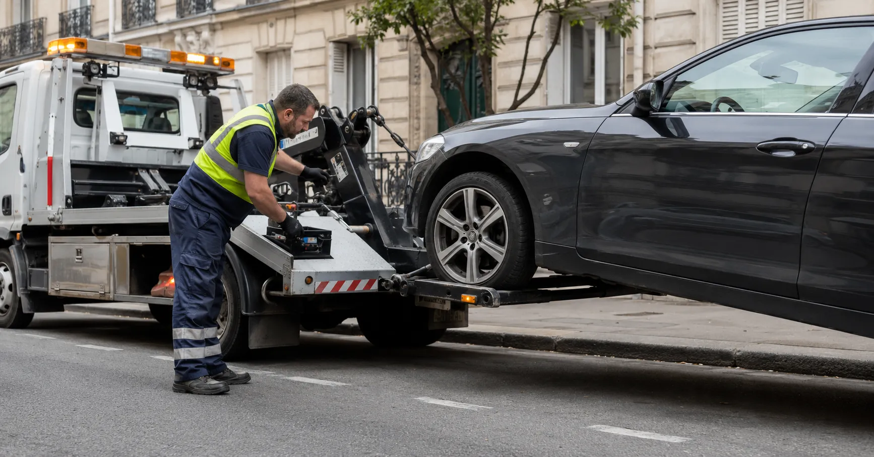 Camion de remorquage soulevant une voiture lors d'une mise en fourrière en France