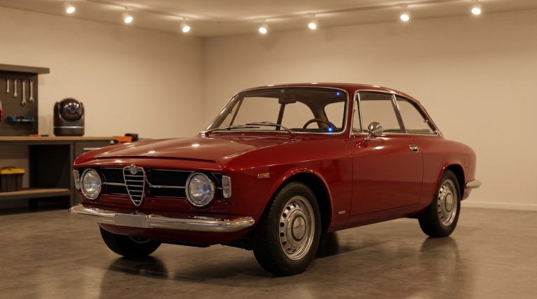 Une élégante Alfa Romeo rouge stationnée dans un garage éclairé, symbole des voitures de collection prisées des voleurs.