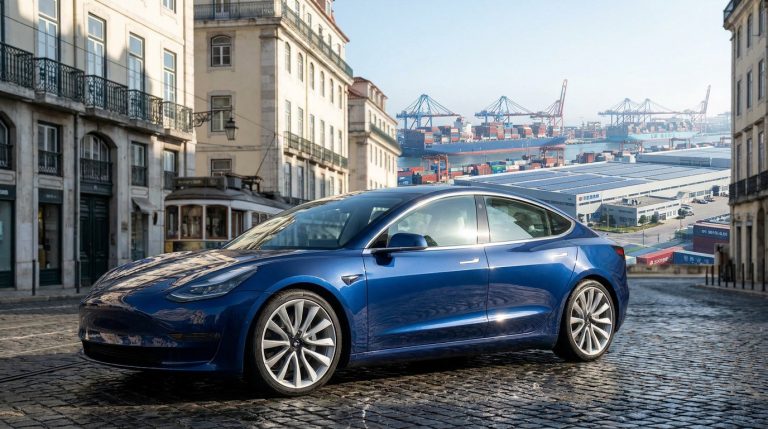 Une Tesla bleue garée dans une rue pavée européenne avec un port maritime et des porte-conteneurs en arrière-plan.