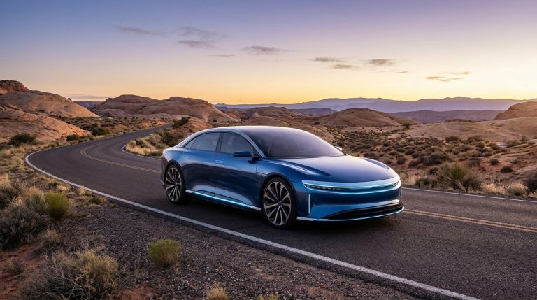 Une berline électrique bleue Lucid Air circulant sur une route sinueuse dans un paysage désertique au coucher du soleil.