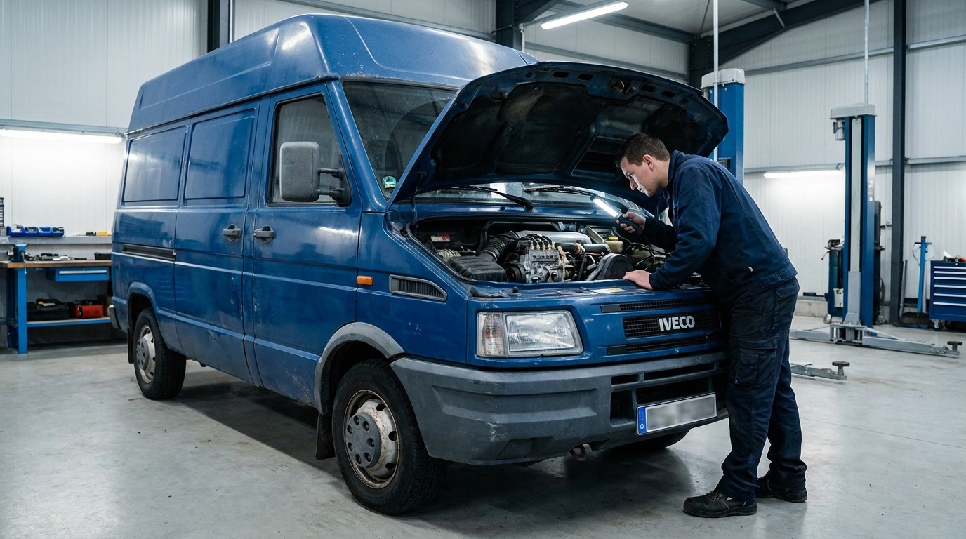 Un mécanicien examine le moteur d'un fourgon bleu Iveco Daily dans un garage automobile bien éclairé.