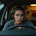 Conductrice inquiète au volant face au voyant moteur allumé sur le tableau de bord