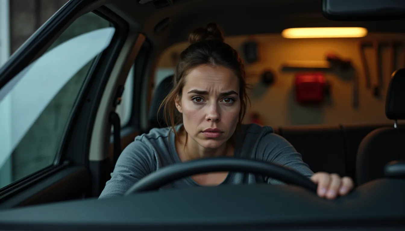 Conductrice inquiète au volant face au voyant moteur allumé sur le tableau de bord